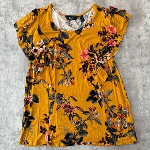 Mustard yellow floral ruffle top business casual dress shirt bohemian M